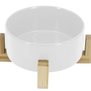 Comedero Para Mascota En Cerámica Con Base De Madera 15.5 X 9 X 7cm